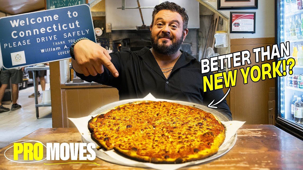 YouTube post by @FirstWeFeast for First We Feast. Caption reads: Adam Richman Explores the Pizza Capital of the....