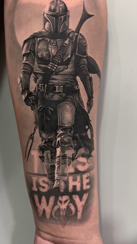 Instagram post by @viktor_phoenixx for Eternal Ink. Caption reads: Mandalorian. One session. #eternalink....