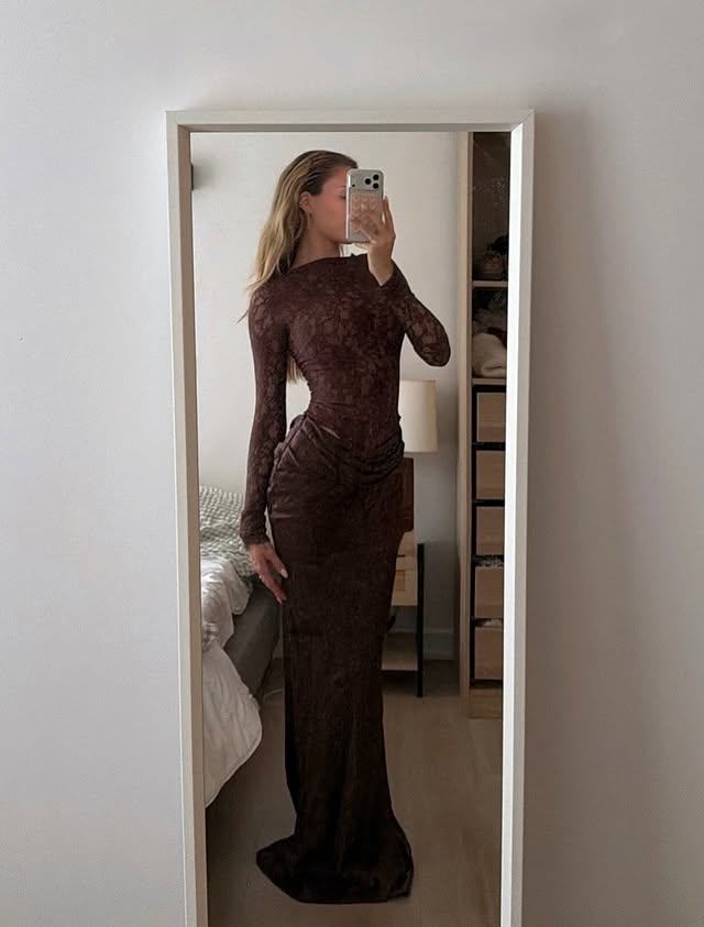 Instagram post by @cassandrajulliaoff for House of CB. Caption reads: This Dress is everything 🤎 @houseofcb #ad....