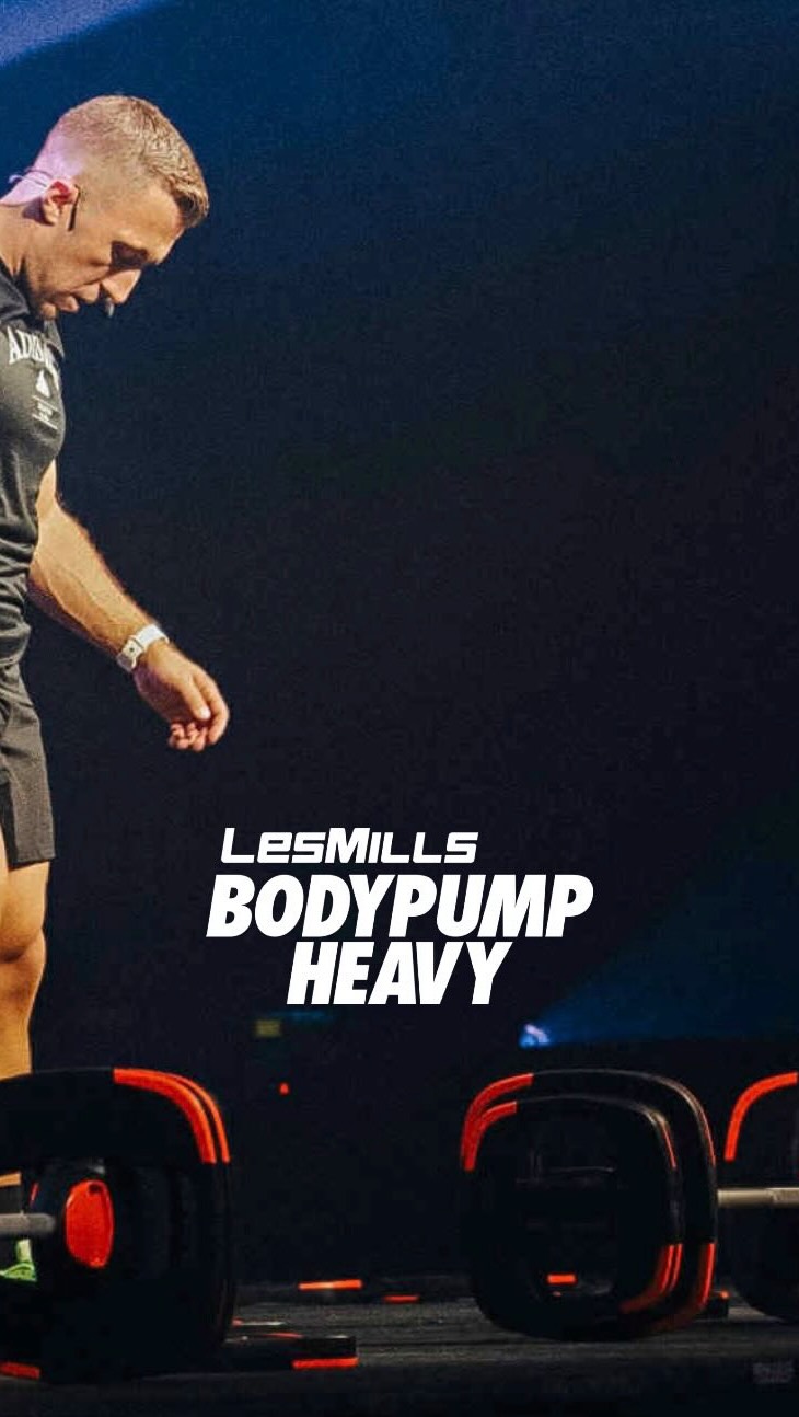 Instagram post by @zupersimon for LES MILLS. Caption reads: Something HEAVY is coming… 💪🏽👀 #bodypumpheavy....