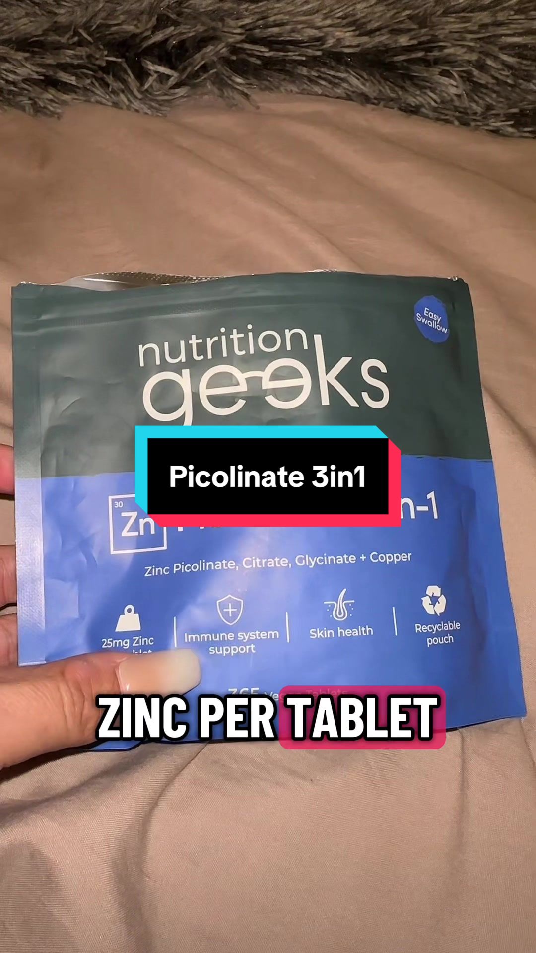 TikTok post by @clairewalton21 for Nutrition Geeks. Caption reads: ⚡ Daily support made simple ⚡ Picolinate 3-in-1....