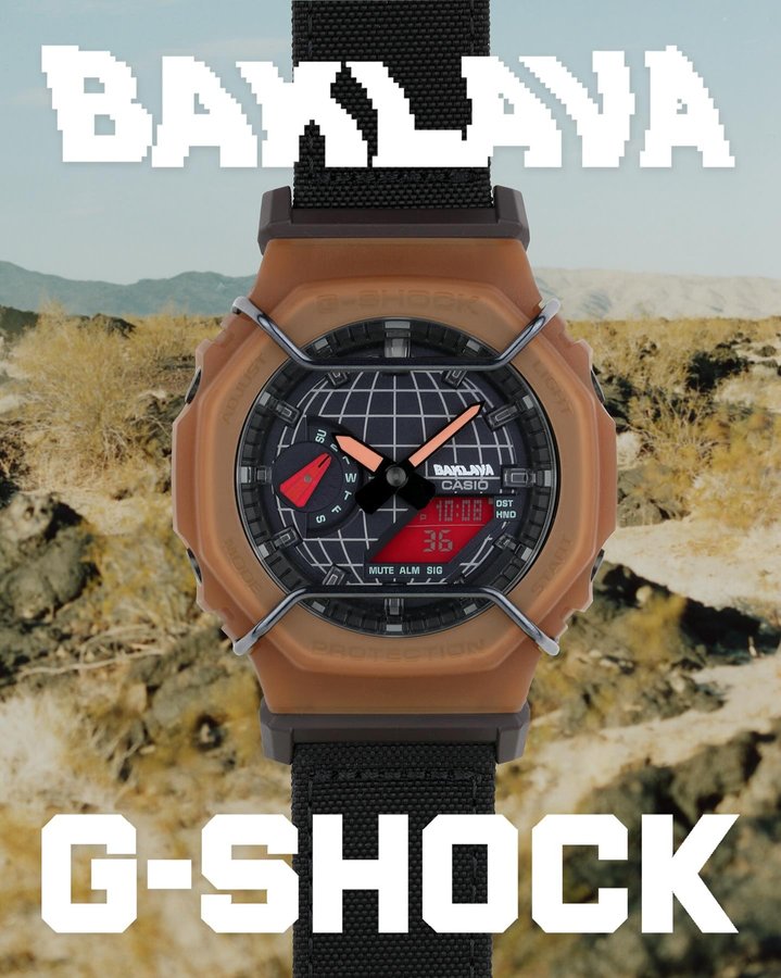 Instagram post by @bambambaklava for G-SHOCK. Caption reads: *BAKLAVA WORLDWIDE* BEYOND PROUD TO BRING YOU THE....