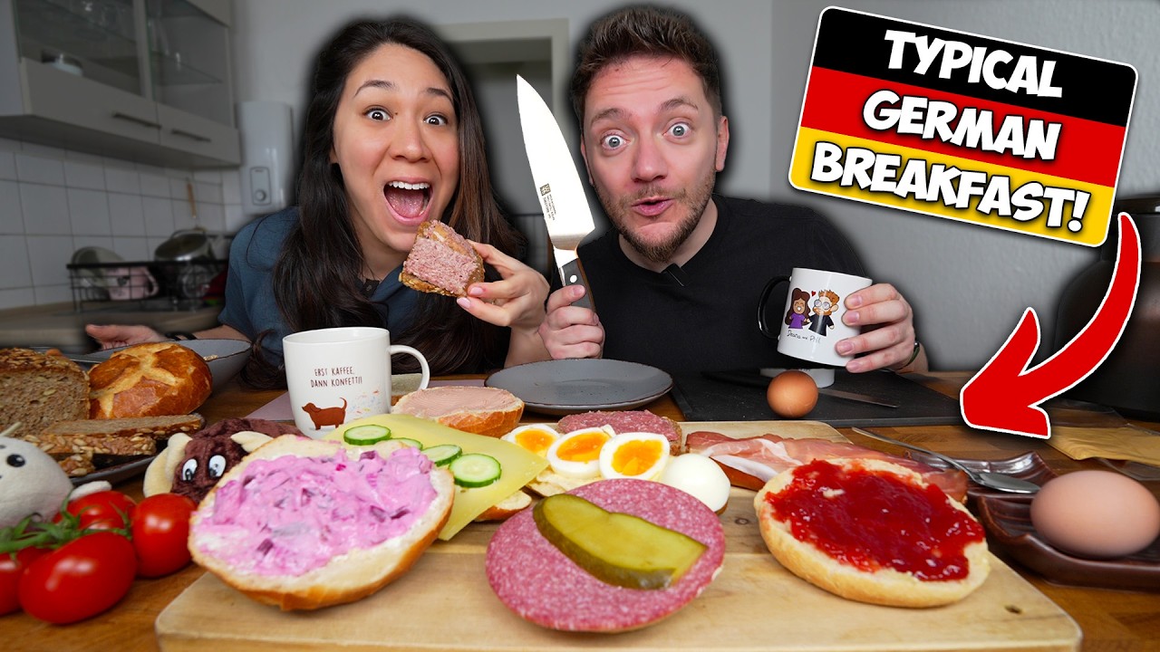 YouTube post by @DeanaandPhil for Lingoda. Caption reads: Typical GERMAN BREAKFAST! (Frühstück Culture).