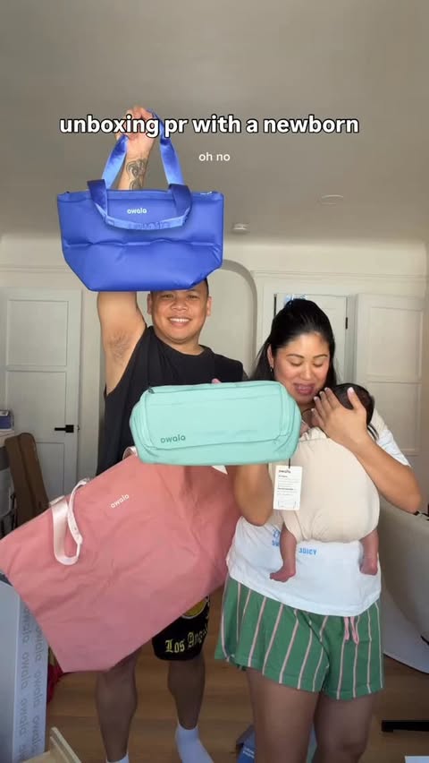 Instagram post by @alyssarafael for Owala. Caption reads: [...] pr unboxing with baby!! first look at @owala....