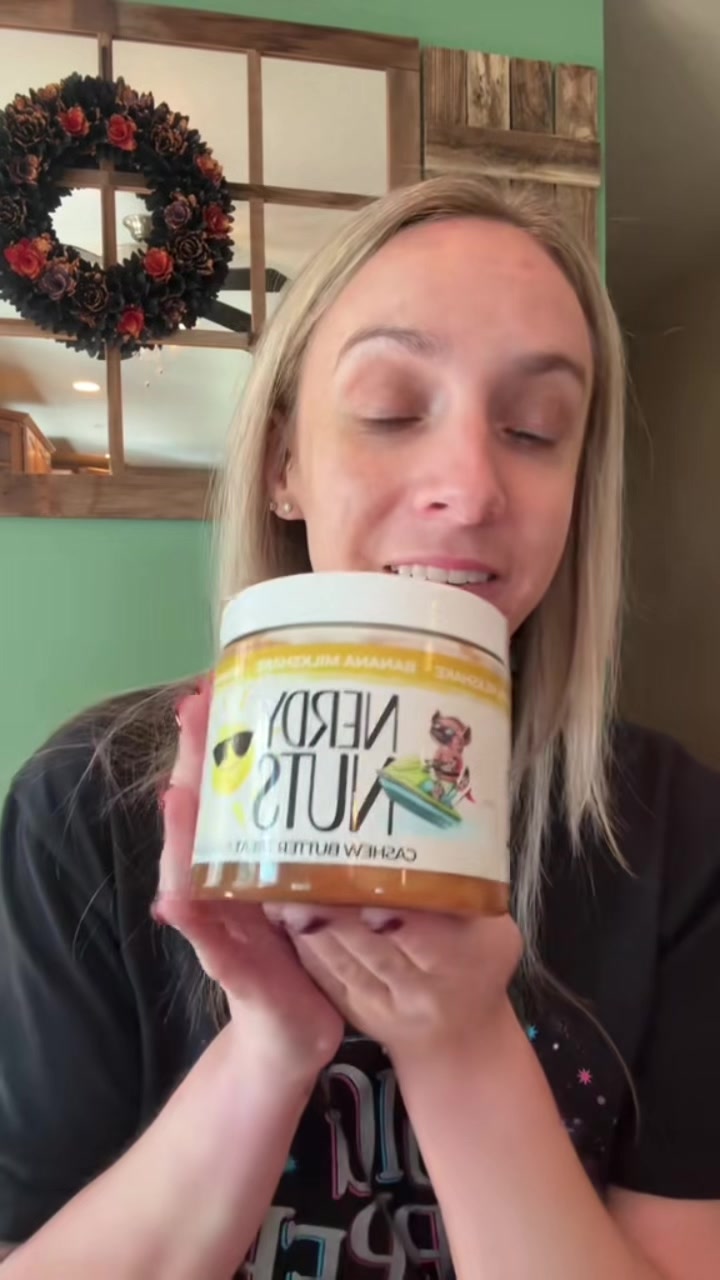 TikTok post by @roseleecrystalsandpearls for Nerdy Nuts. Caption reads: @Nerdy Nuts Shop Banana Milkshake Cashew Butter is....