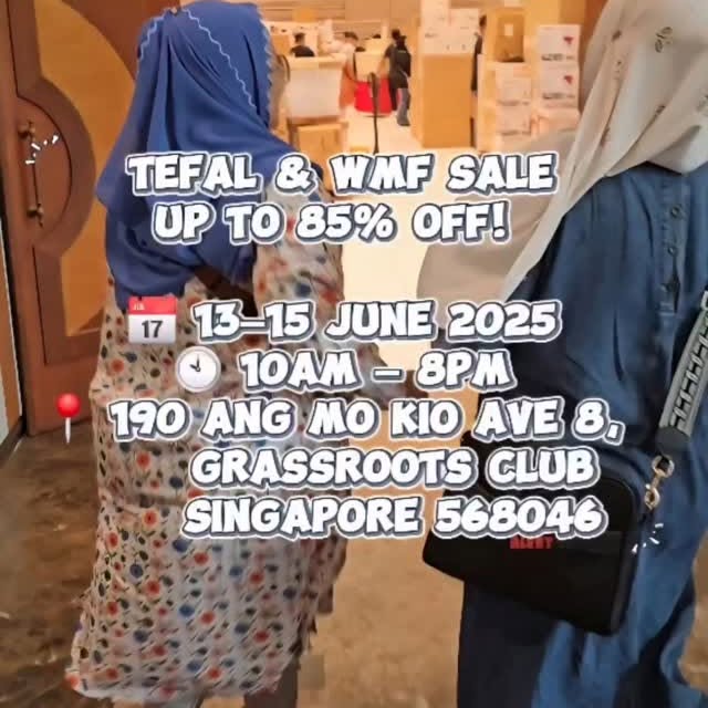 Instagram post by @makcikalertsg for WMF. Caption reads: Tefal & WMF Sale – Up to 85% OFF! 📅 13–15 June....