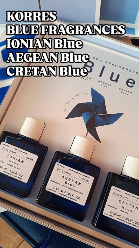 Instagram post by @argyrousa for KORRES. Caption reads: [...] BLUE🌀 #unboxingsummer Για 30 χρόνια η....