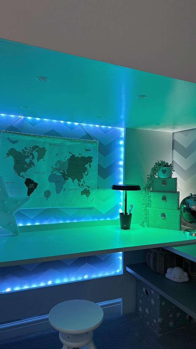 Instagram post by @our.kent.home for Umbra. Caption reads: [...] desk 🤩. This is the Cup Smart Lamp from....