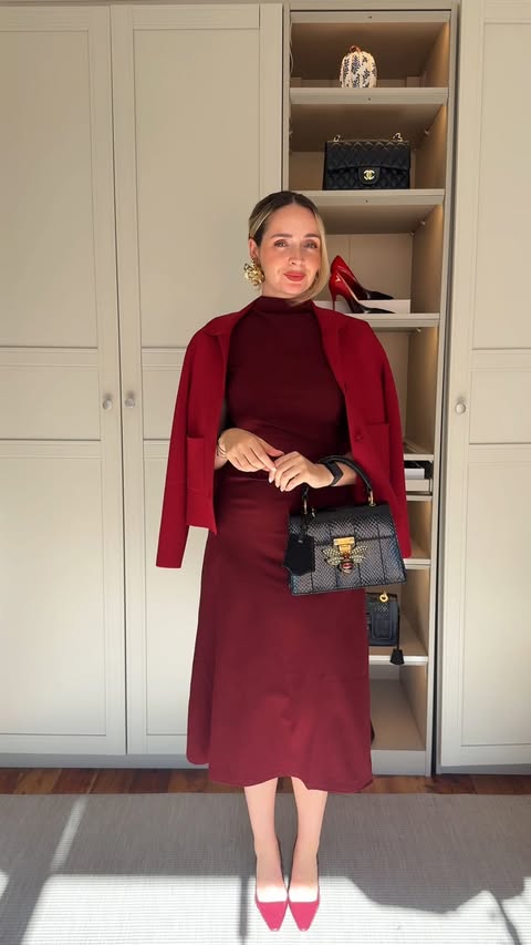 Instagram post by @ellaiwinter for OGL Move. Caption reads: [...] #expensivelook #mididress #oglmove burgundy....