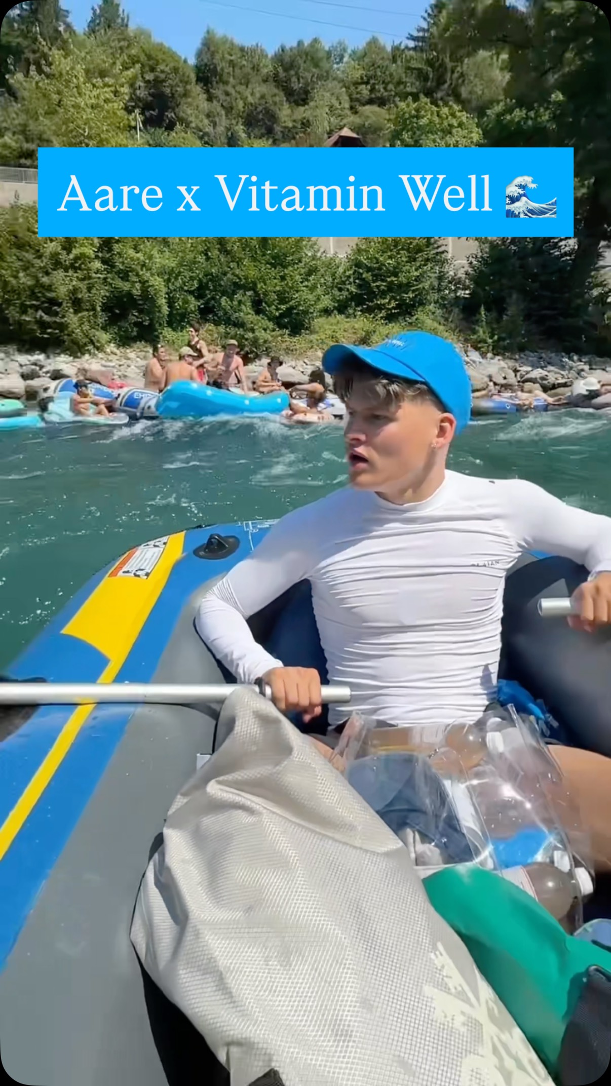 Instagram post by @dome.rhlm for Vitamin Well. Caption reads: Aarebötle Essentials💙 #swiss #switzerland....