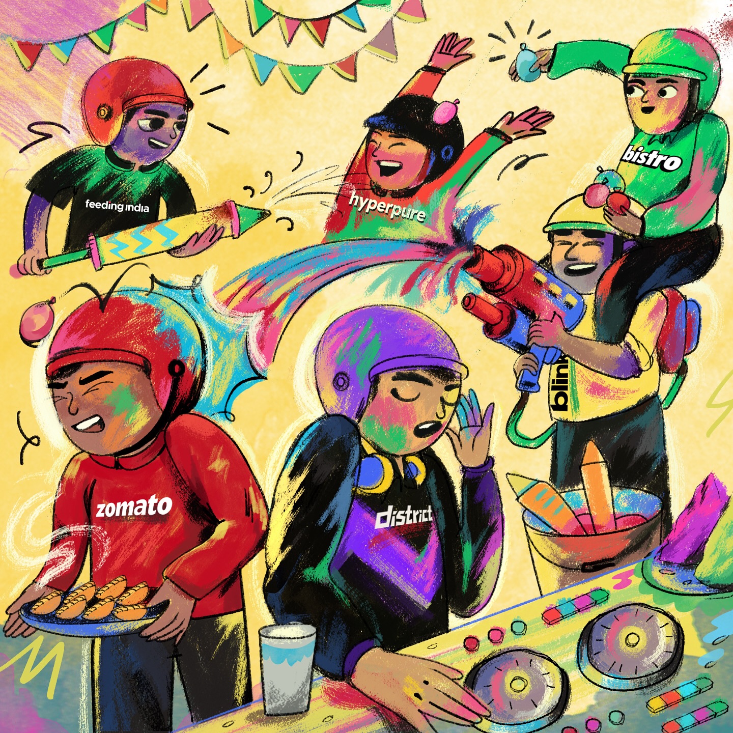 Instagram post by @bistrobyblinkit for Zomato. Caption reads: Happy Holi, with love from our family 🤗.