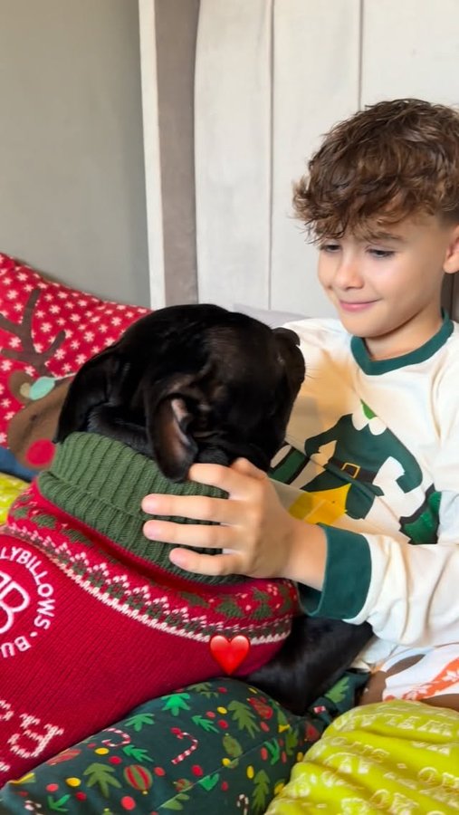 Instagram post by @bluestaffyboulder for BullyBillows. Caption reads: [...] him next to me ❤️ Christmas jumper:....