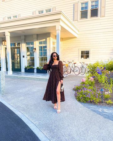 Instagram post by @thegirlnameadi for Few Moda. Caption reads: [...] obsessed with this dress 🪶from @fewmoda....