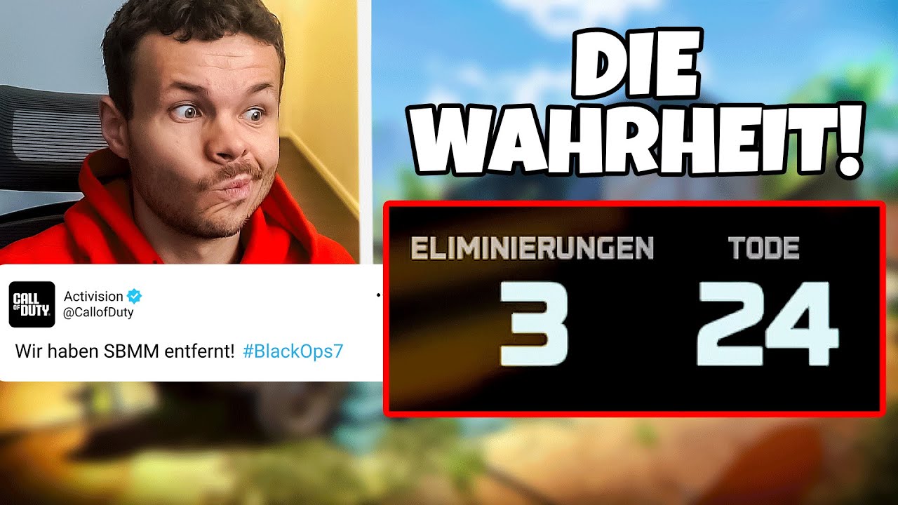 YouTube post by @JohnRaqe for AimControllers. Caption reads: Is there really NO SBMM in Black Ops 7?....