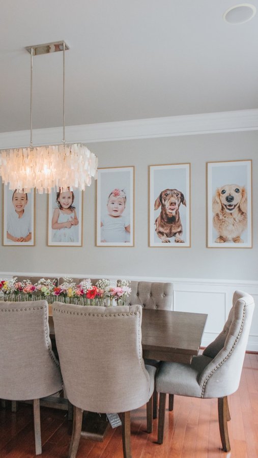 Instagram post by @mayathedox for Sassy Woof. Caption reads: ⊹ do you put family photos in the dining room?....