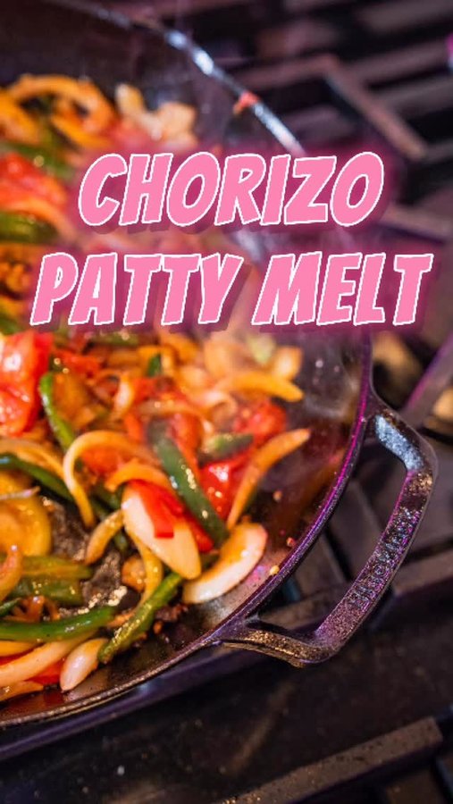 Instagram post by @chefrickmartinez for Lodge Cast Iron. Caption reads: This chorizo patty melt is the perfect cast iron....