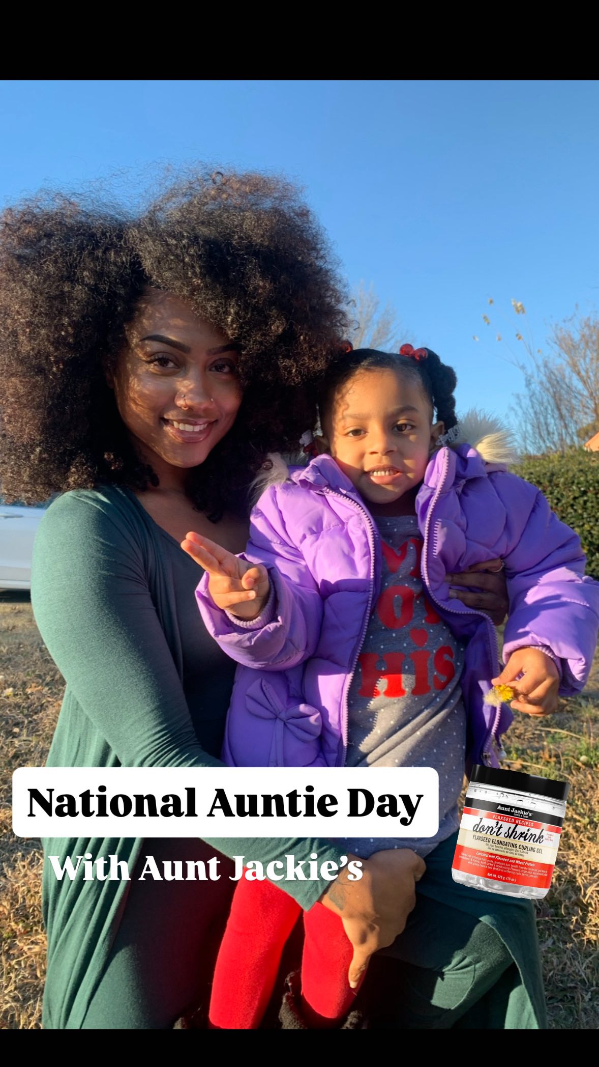 Instagram post by @curlybeviie for Aunt Jackie's Curls & Coils. Caption reads: And this for all my fellow aunties out here....