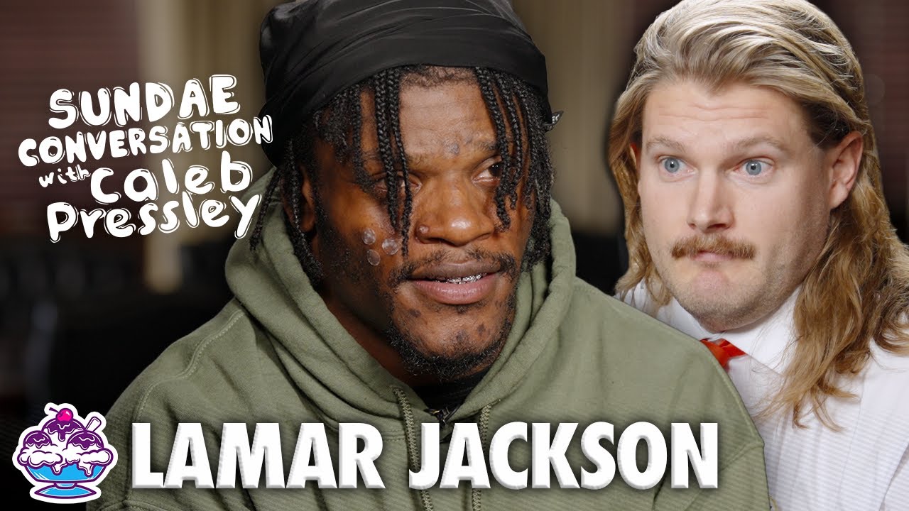 YouTube post by @sundaeconversation for Underdog Fantasy. Caption reads: LAMAR JACKSON: Sundae Conversation with Caleb....