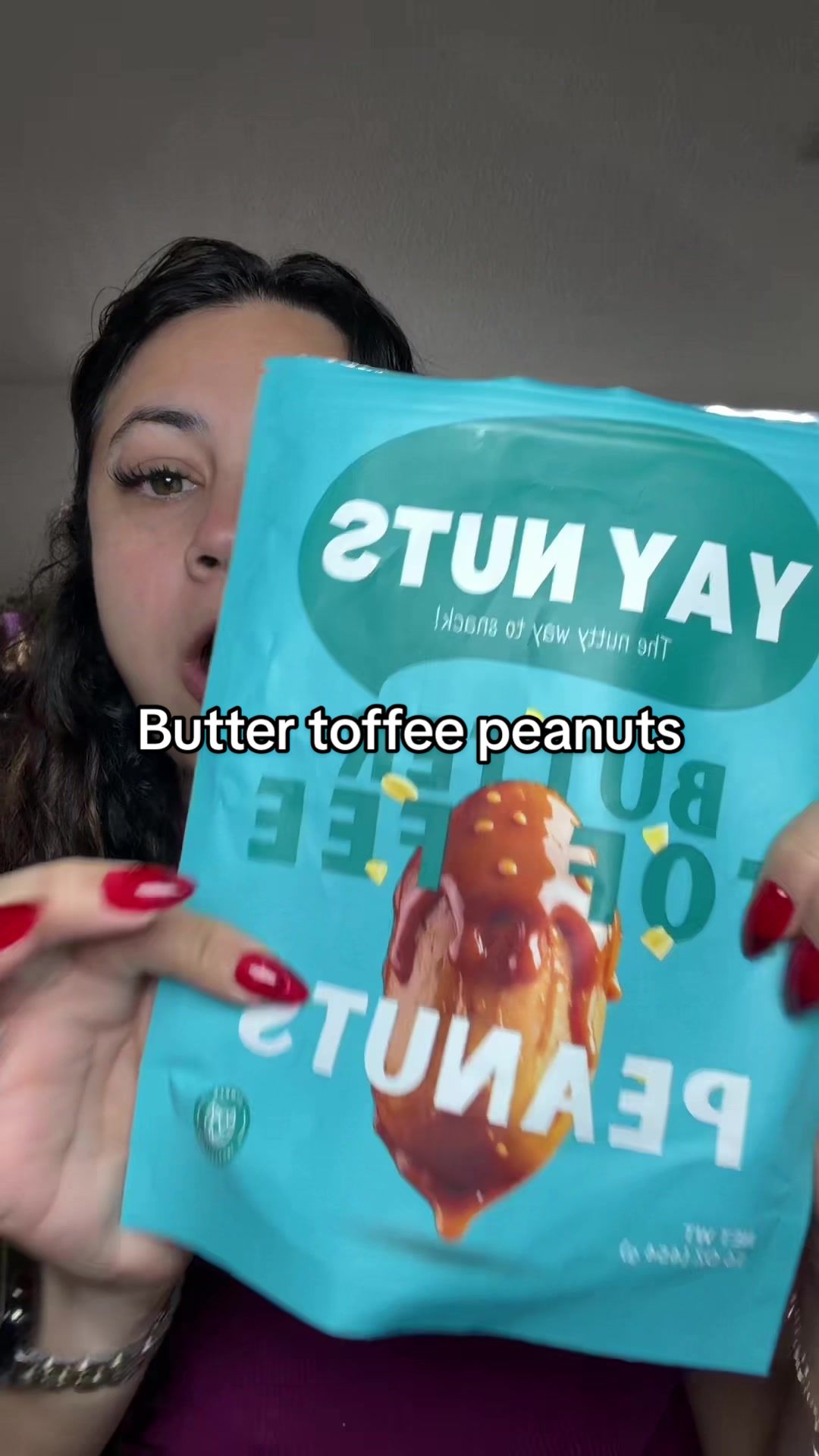 TikTok post by @miracristalita for Yay Nuts. Caption reads: @yaynuts Crunchy butter toffee nuts 🤎 Sweet,....