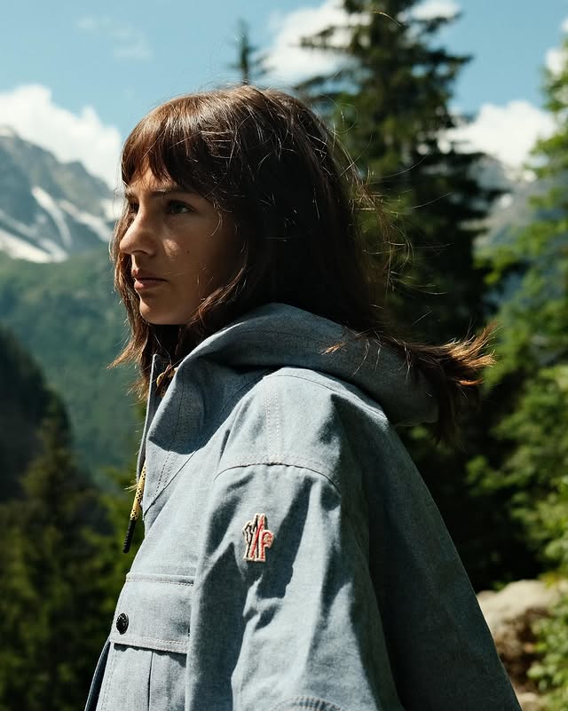 Instagram post by @mimimoocher for Moncler. Caption reads: Mountain living in @moncler 🌑🏔️ #MonclerGrenoble....