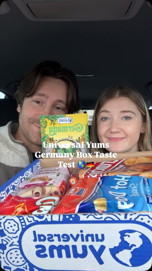 Instagram post by @breanna.eats for Universal Yums. Caption reads: Trying Universal Yums Germany Snack Box!! 🌎🇩🇪....