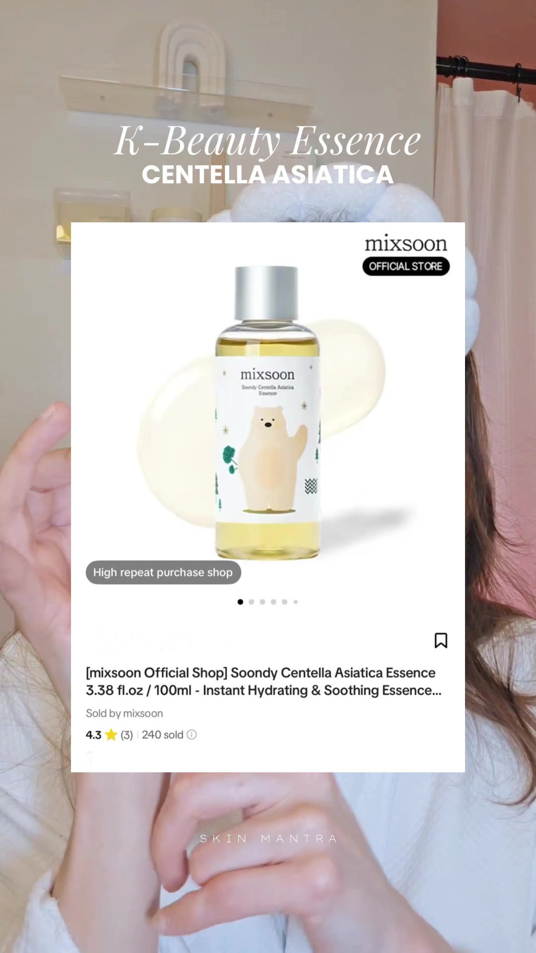 TikTok post by @skinmantra for mixsoon. Caption reads: Calm. Soothe. Glow. ✨ @mixsoon is that K-Beauty....