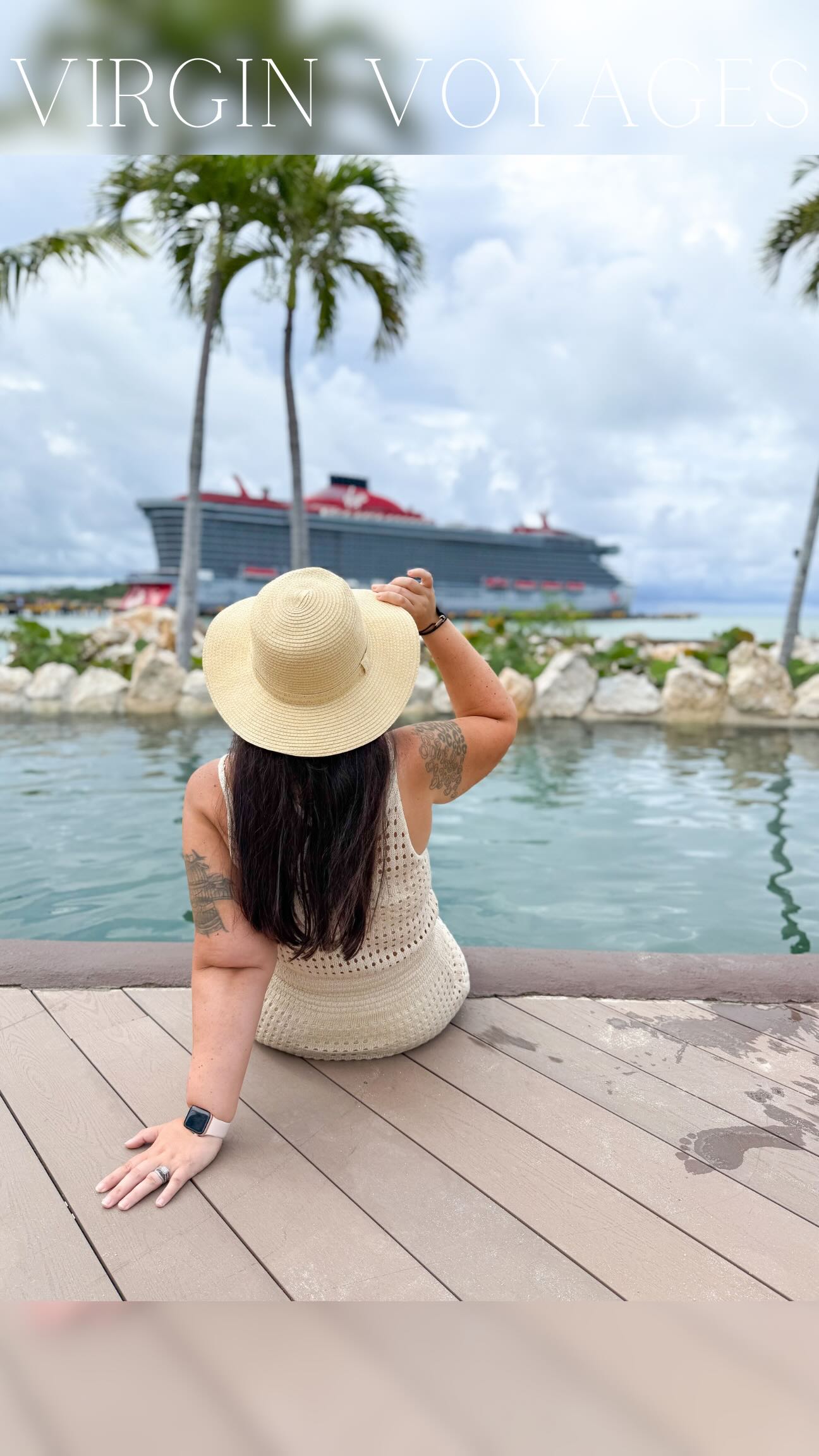 Instagram post by @bria.snyder for Virgin Voyages. Caption reads: Sending Postcards from Paradise 🛳️🍹🌊

It’s....