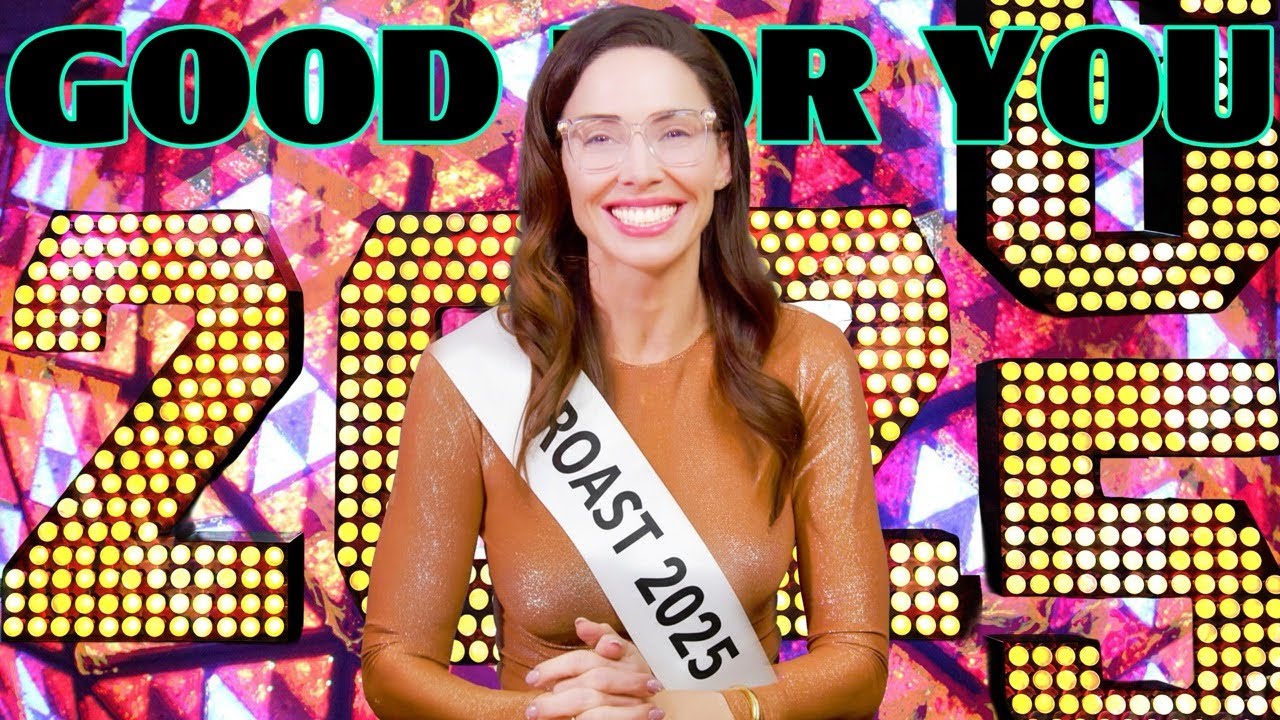 YouTube post by @whitneycummings for Rho Nutrition. Caption reads: The Roast of 2025 | Good For You Podcast with....