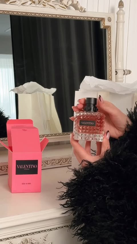 Instagram post by @whereiskhatia for Valentino Beauty. Caption reads: One spray, Timeless Valentino energy....