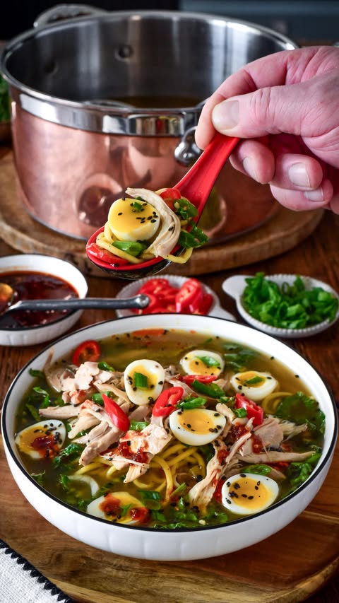 Instagram post by @zimmysnook for Hestan Culinary. Caption reads: Ginger Chicken Noodle Soup

Depth of flavour does....