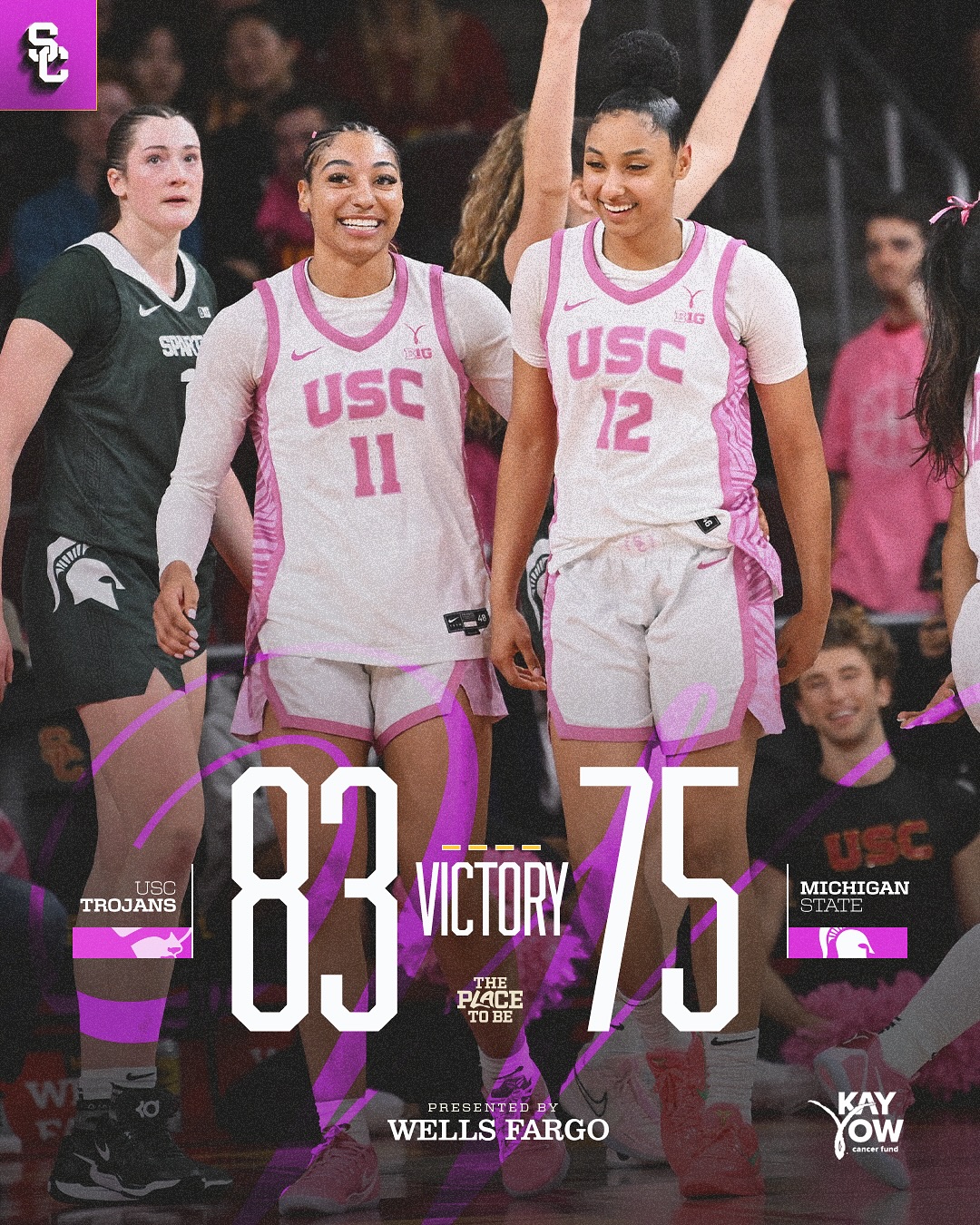 Instagram post by @usc_athletics for Wells Fargo. Caption reads: Play4Kay Dub ✌️
#FightOn | @wellsfargo.