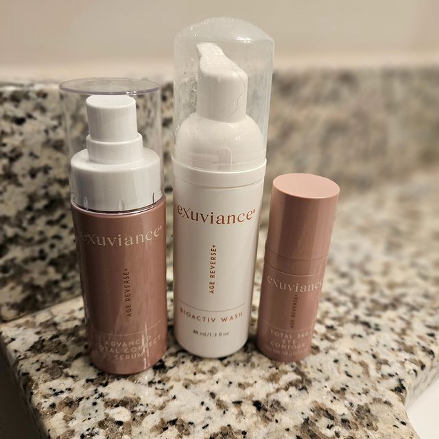 Instagram post by @officialjenc for Exuviance. Caption reads: I love my new skincare line by @exuviance! I have....