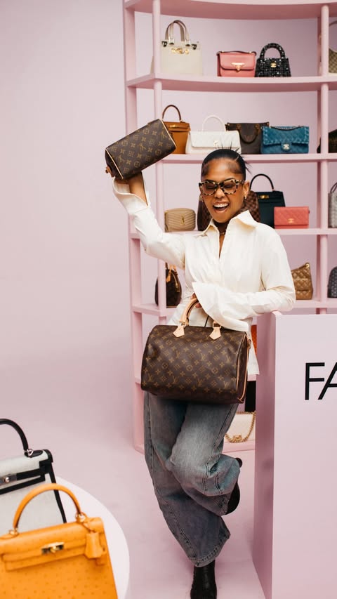 Instagram post by @a.wilkyy for FASHIONPHILE. Caption reads: Just a girl and her dream bags 🥹 @fashionphile....
