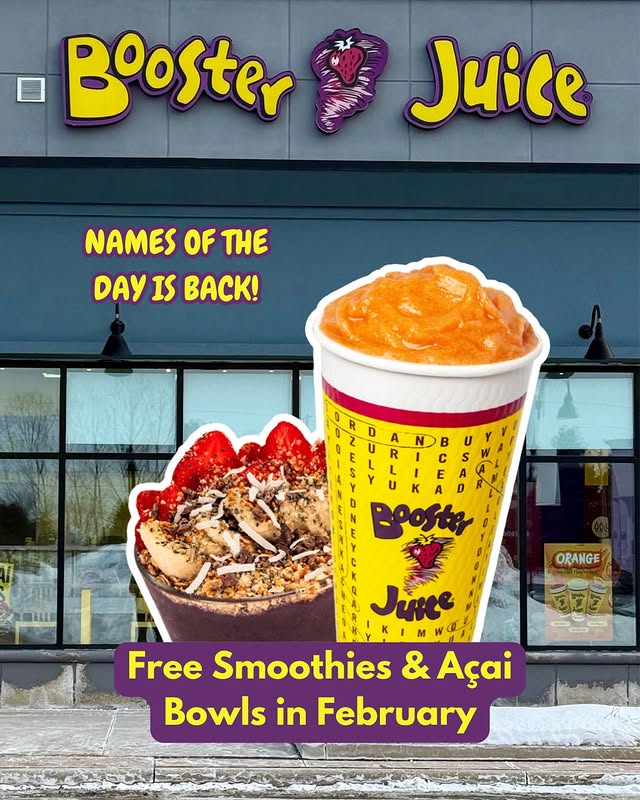 Instagram post by @foodblogcanada for Booster Juice. Caption reads: Booster Juice’s popular “Names of the Day” promo....