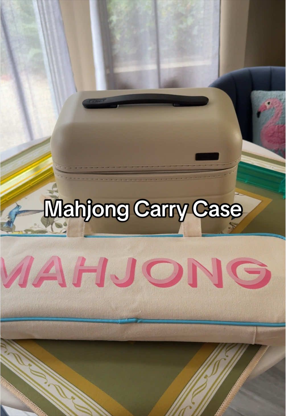 TikTok post by @kevin.vinyl for Away. Caption reads: [...] #mahjongtips #mahjongtiles @Away Travel.