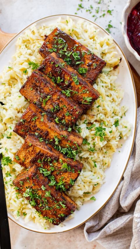 Instagram post by @thissavoryvegan for Nasoya. Caption reads: Today we’re making Balsamic Tofu Steaks!

I am....