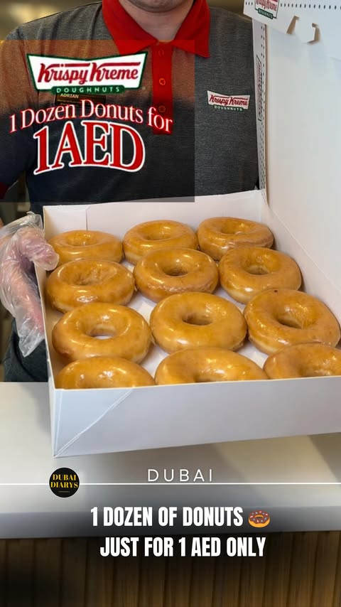 Instagram post by @dubaidiarys for Krispy Kreme Doughnuts. Caption reads: BUY ONE DOZEN & GET ONE DOZEN 🍩 FOR 1 AED Double....