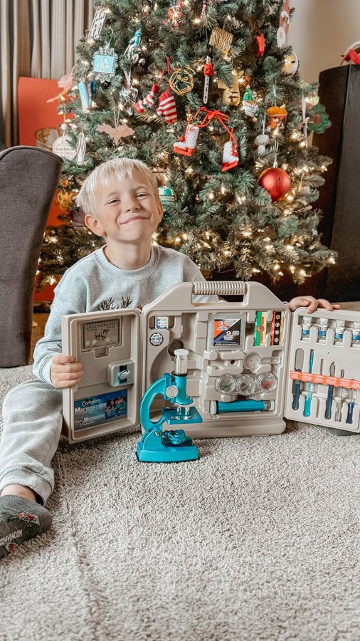 Instagram post by @thewiscomama for Lakeshore Learning. Caption reads: [...] minds this holiday season! 🎁....