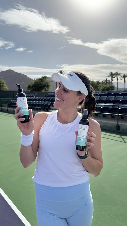 Instagram post by @kimberlybirrell98 for Sukin Natural Skincare. Caption reads: Training days under the desert sun ☀️🌴

I always....