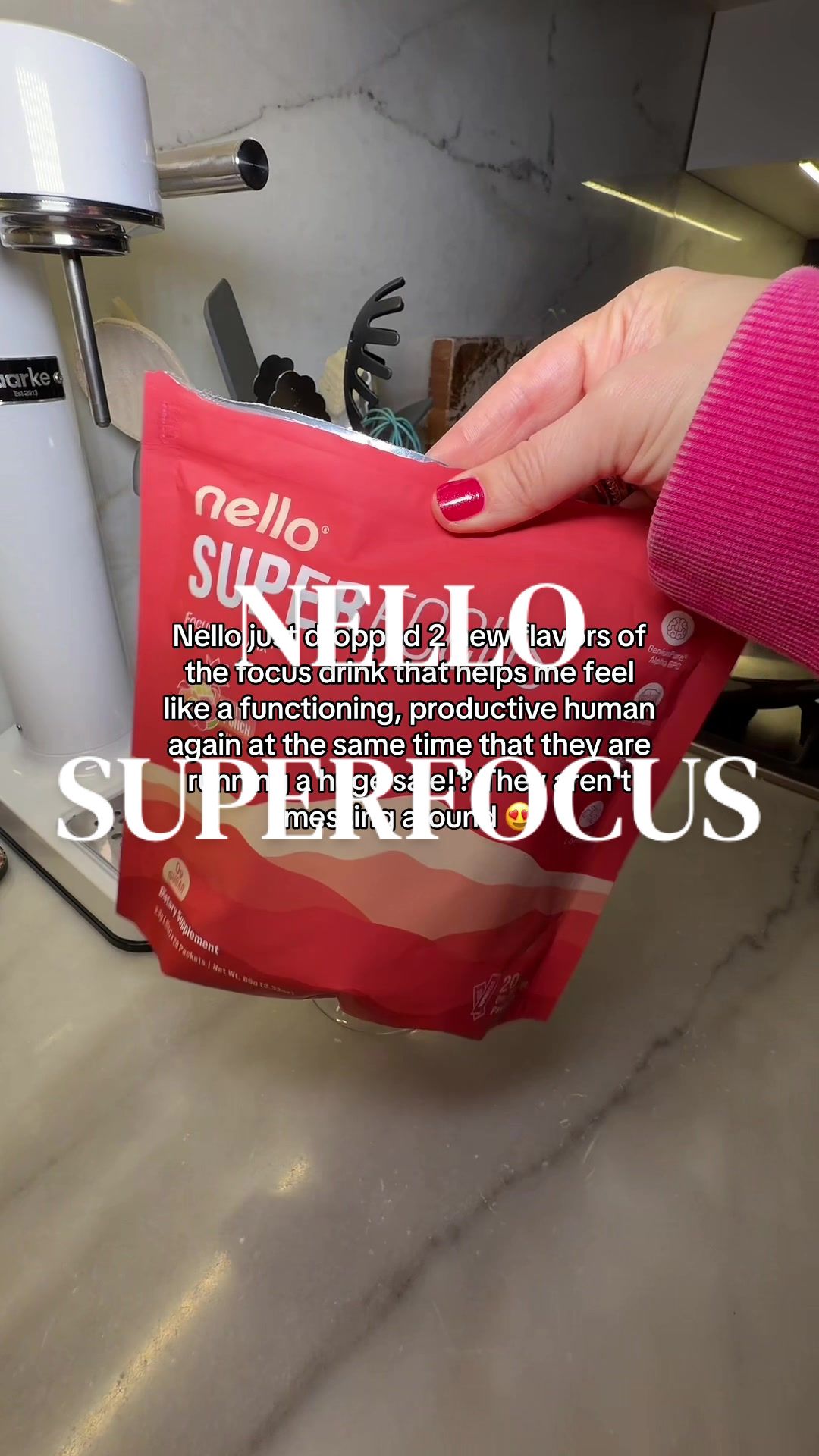 TikTok post by @messyparenting for drinknello. Caption reads: @Drink Nello super focus has transformed my days....