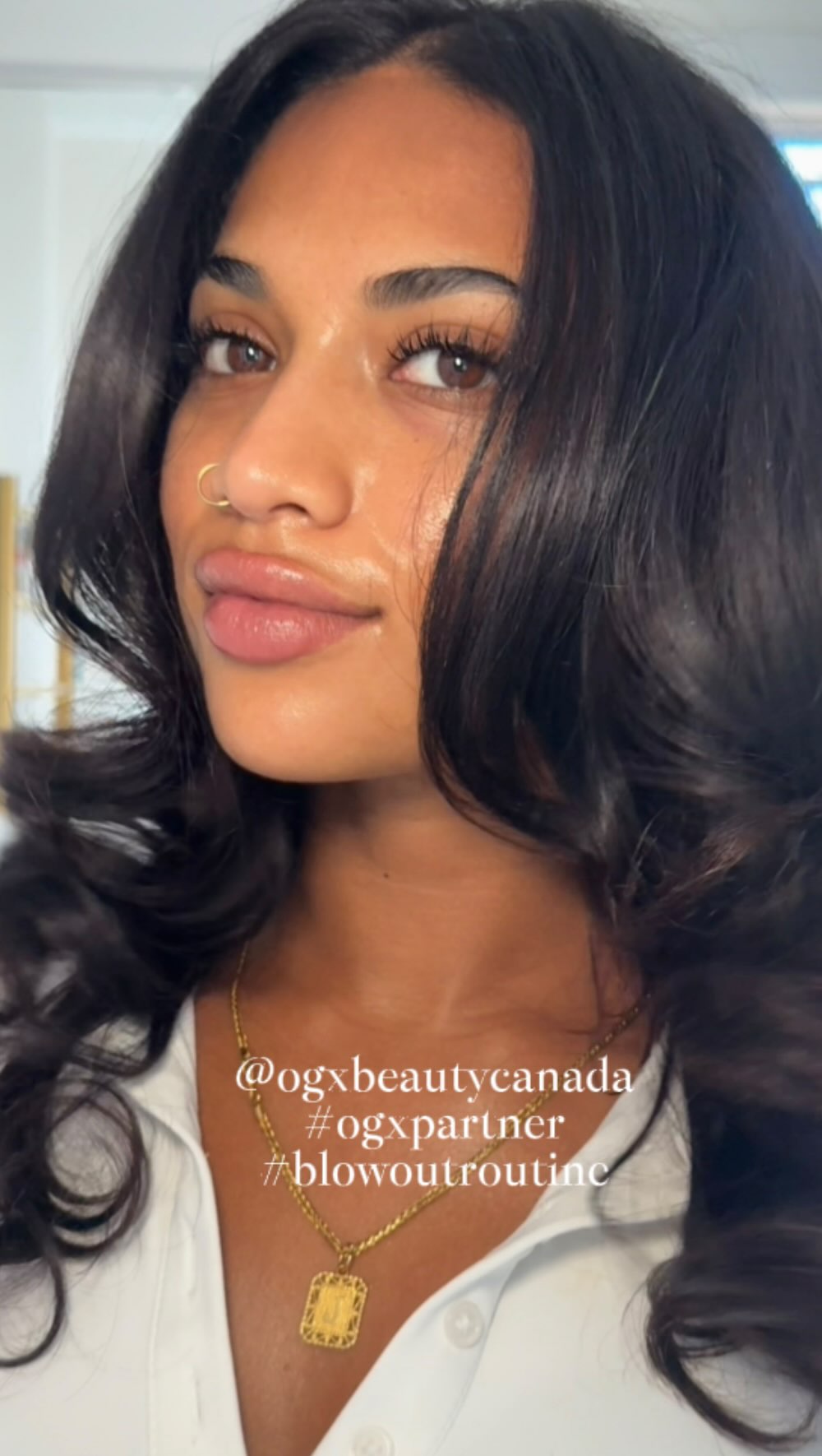 Instagram post by @jasmine.alishaa for OGX Beauty. Caption reads: the blowout routine that never fails....