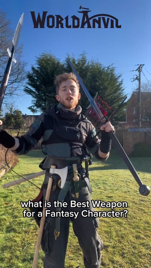 Instagram post by @blumineck for World Anvil. Caption reads: Plan your characters and find the best weapon for....