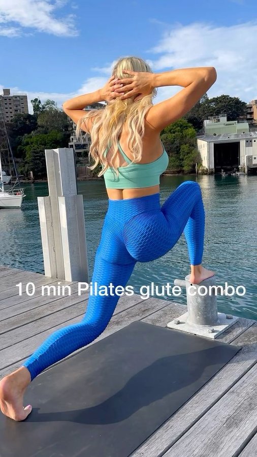 Instagram post by @pilatestv for SENSTYLABLE. Caption reads: 10 MIN PILATES GLUTE COMBO 🔥 

Three exercises to....