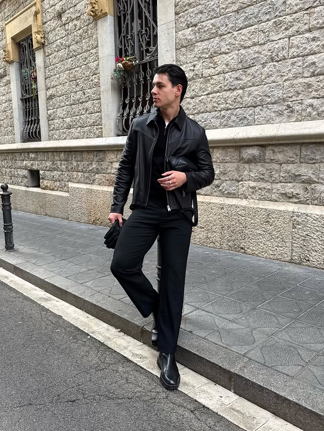 Instagram post by @daniel.tybinkowski for GRAMS28. Caption reads: leather bag, leather gloves & leather jacket....