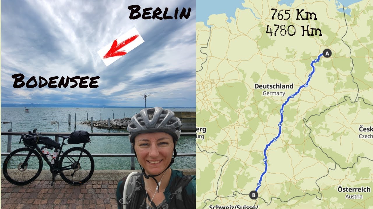 YouTube post by @Radelmaus for komoot. Caption reads: 765 km from Berlin to Lake Constance in 56 hours.