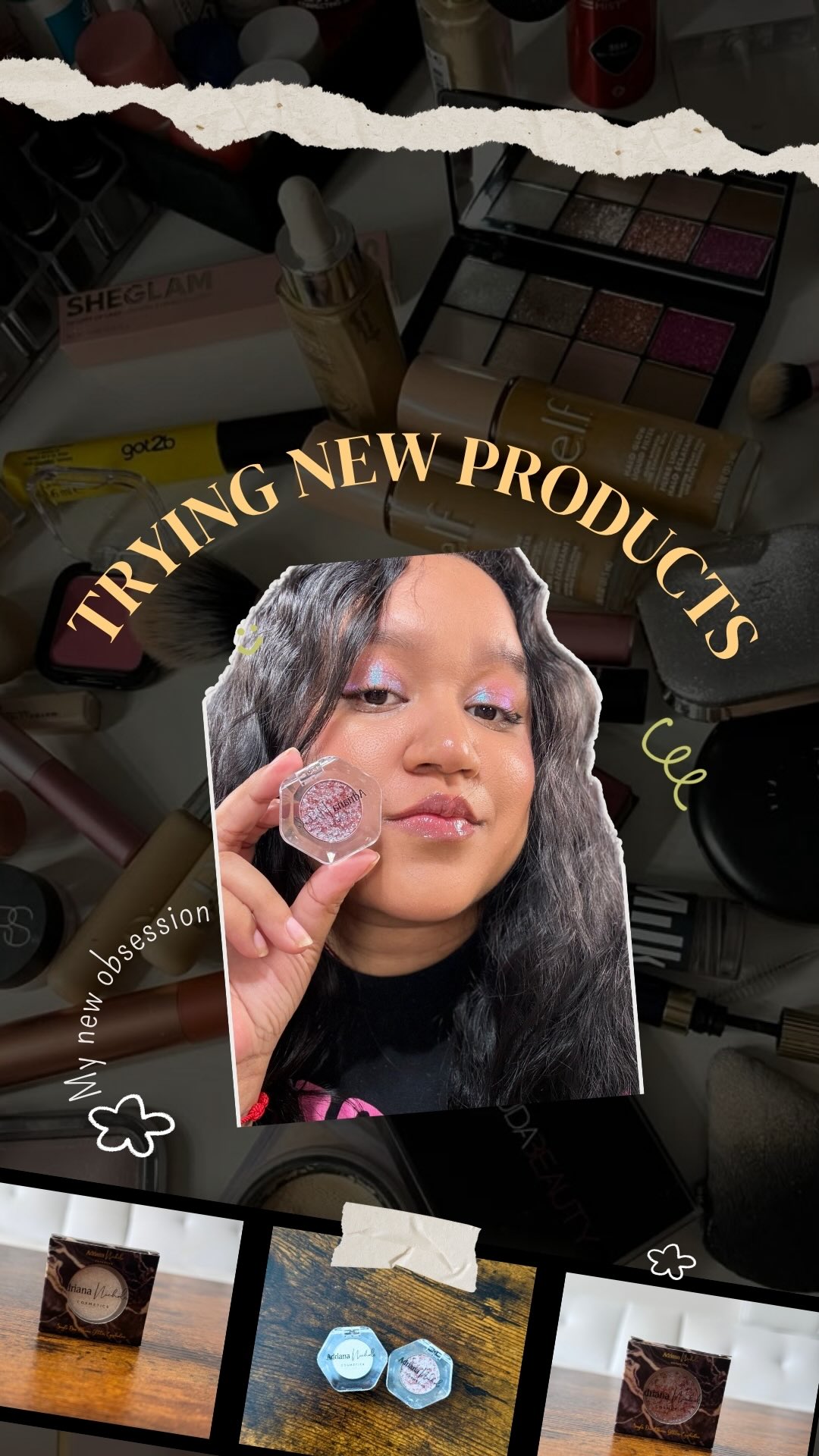 Instagram post by @soy_elamont for Adriana Nichole Cosmetics. Caption reads: ✨ One swipe, endless magic. The Ethereal duochrome....