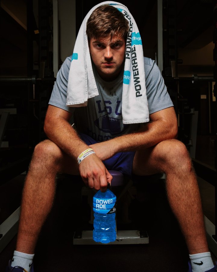 Instagram post by @garrettnussmeier for POWERADE. Caption reads: No shortcuts. No limits. Just work, hydrated by....