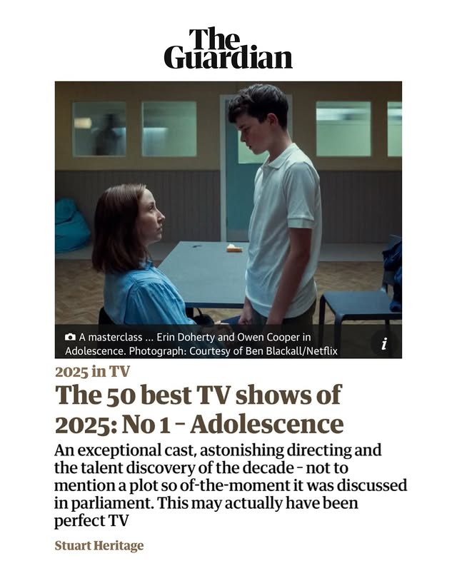 Instagram post by @barantini for The Guardian. Caption reads: What a lovely way to end the year! 💫 #Adolescence.