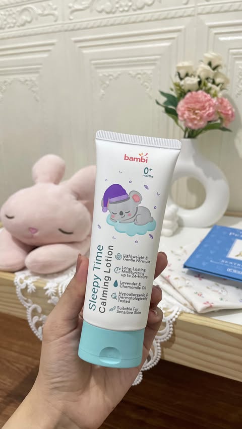 Instagram post by @charinatica for Bambi Baby. Caption reads: [...] terakhir, oleskan Calming Lotion dari....