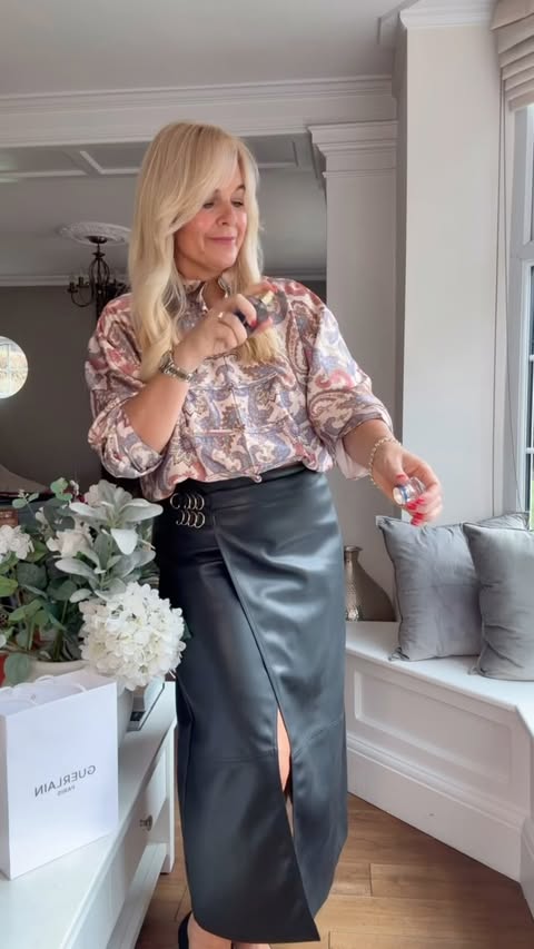 Instagram post by @lovestyle40 for River Island. Caption reads: [...] leather skirt & silky jacket are both....